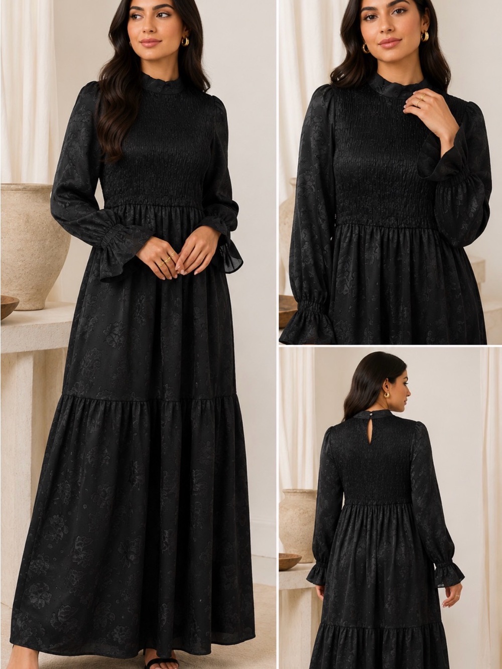 NWT Zahraa The Label Rama Black Satin Floral Smocked Maxi Dress L